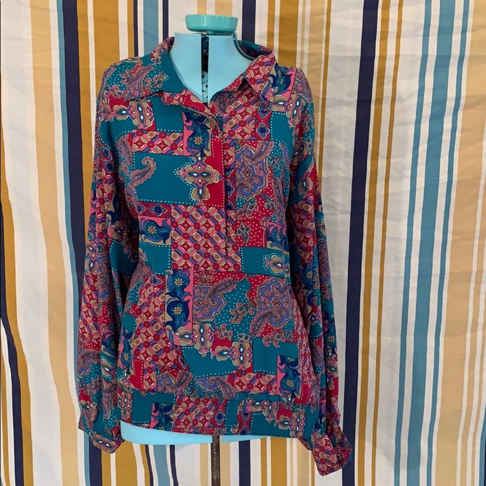 Cute Plus Size Polyester Teal Paisley Blouse